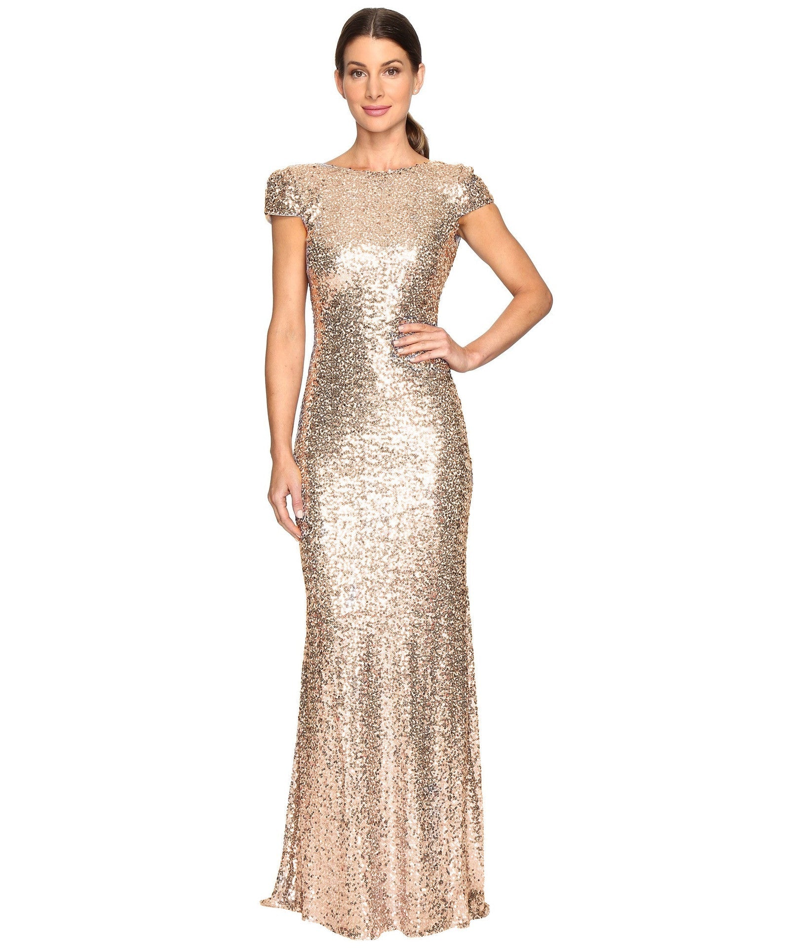 Full Sequined Extended Slim U-Shaped Backless Evening Dress Wedding Popular Golden Dress