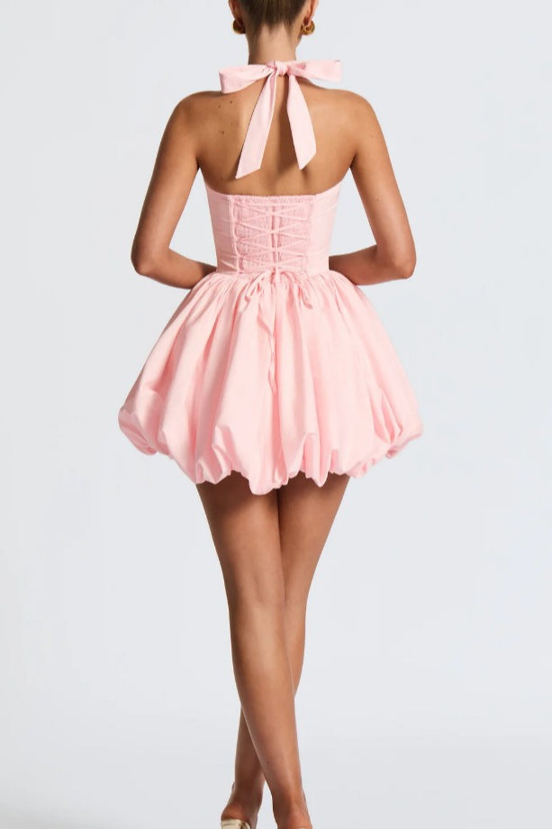 Refined Halter Tie Bow Puffy Hem Mini Dress