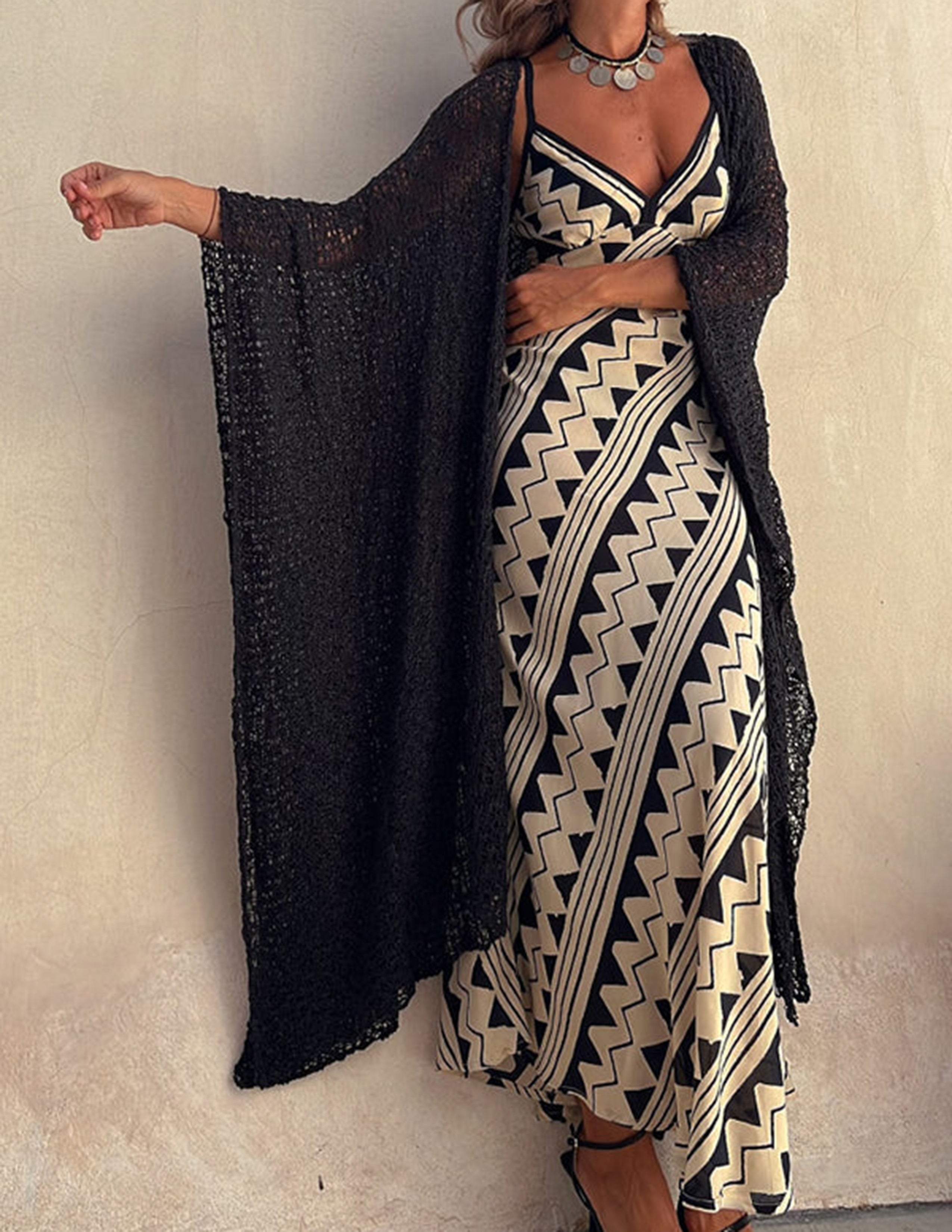 Melody Exclusive Satin Ethnic Print Smocked Back Midi Dress