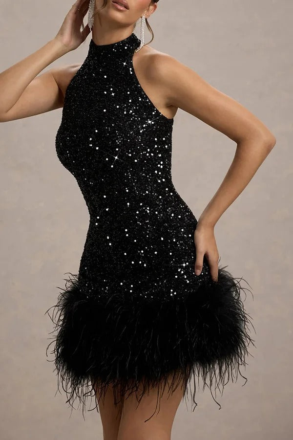 Minimalist Kate Iridescent and Playful Stretch Mini Dress with High Neck Sequin Trim and Feather Statement Occasion Edit