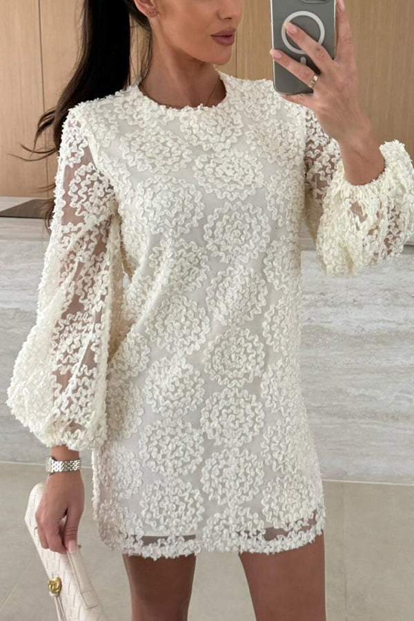 Aesthetic Kimberly Loose Mini Dress with Balloon Sleeves Made From Lace Textured Fabric Elevated Occasion Wear