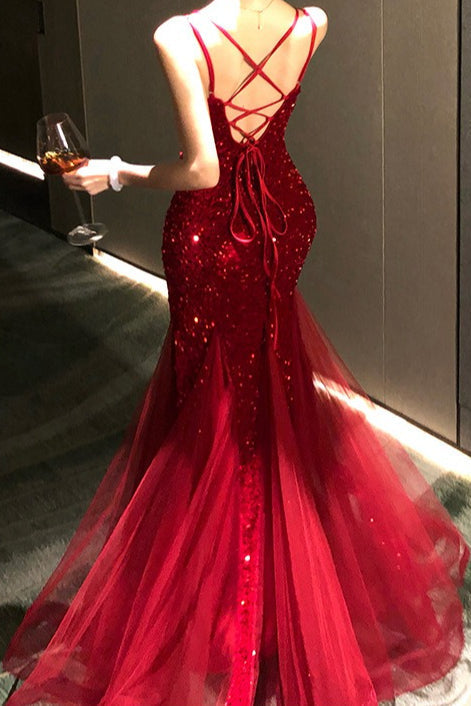 Chic Sequin Spaghetti Strap Evening Prom Dress