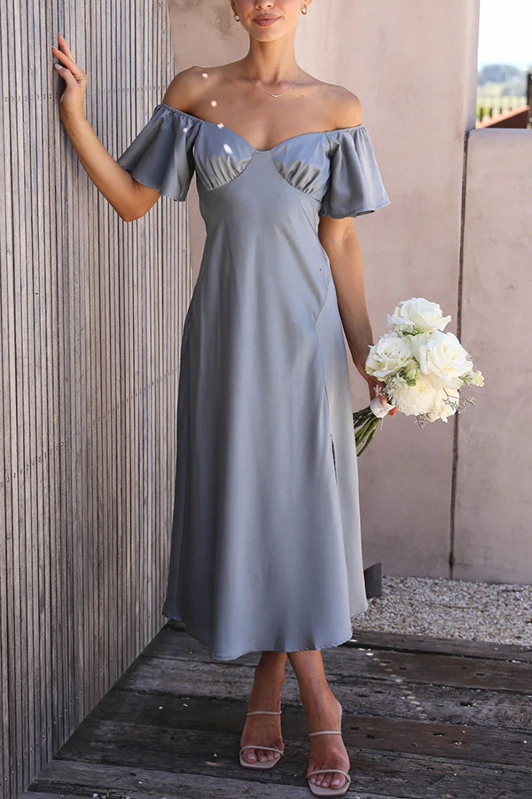 Split Side Midi Dress: Off The Shoulder Flutter Sleeve