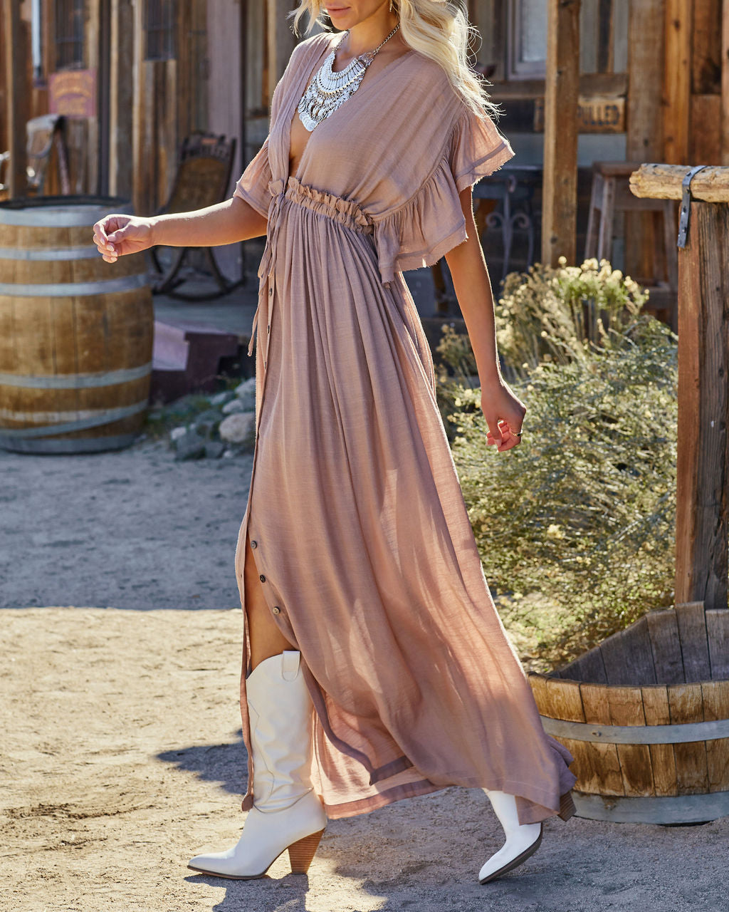 Anika Pocketed Button Down Ruffle Maxi Dress Light Mocha