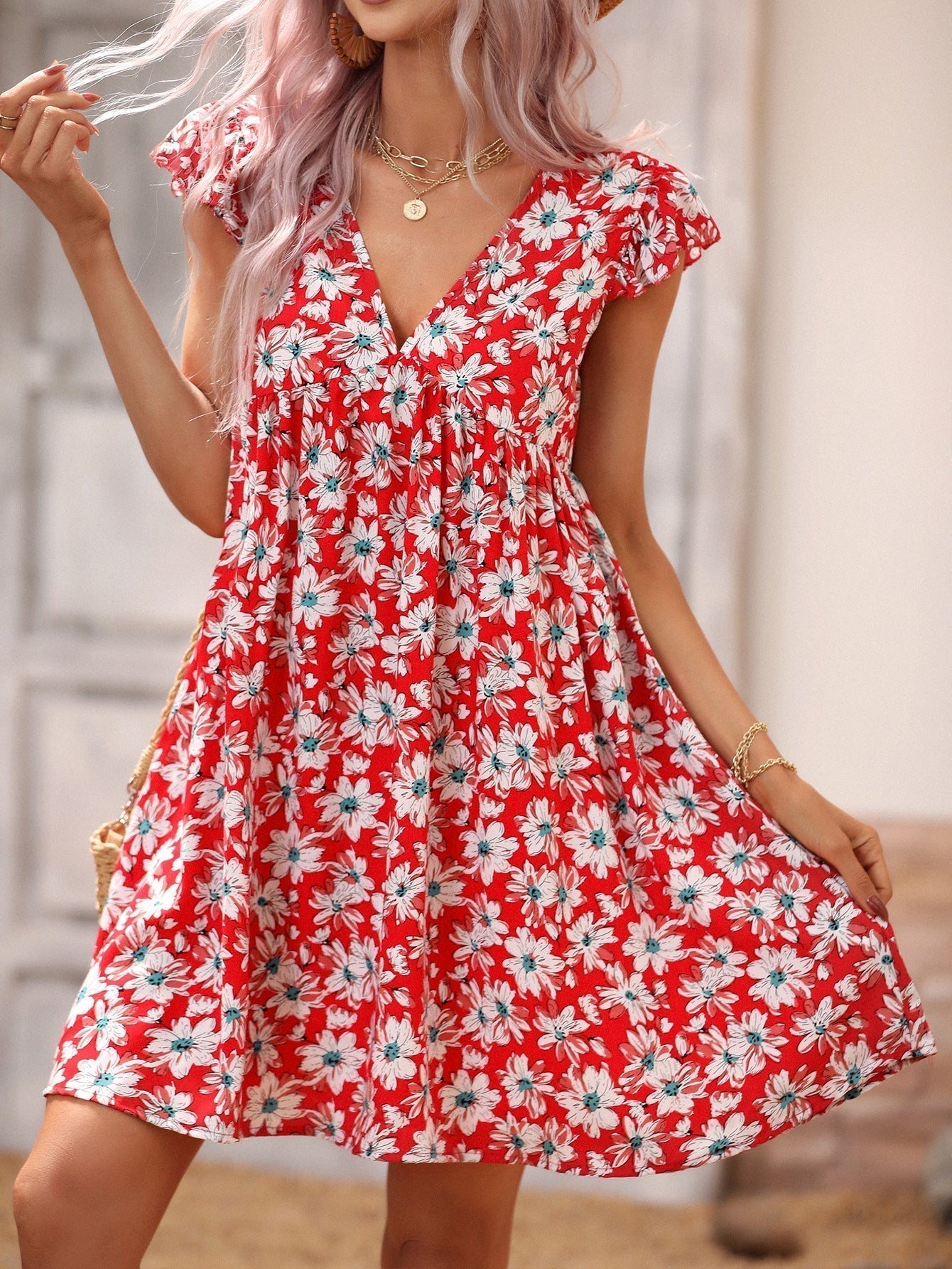 Print Allover V Neck Smocked Flare Dress