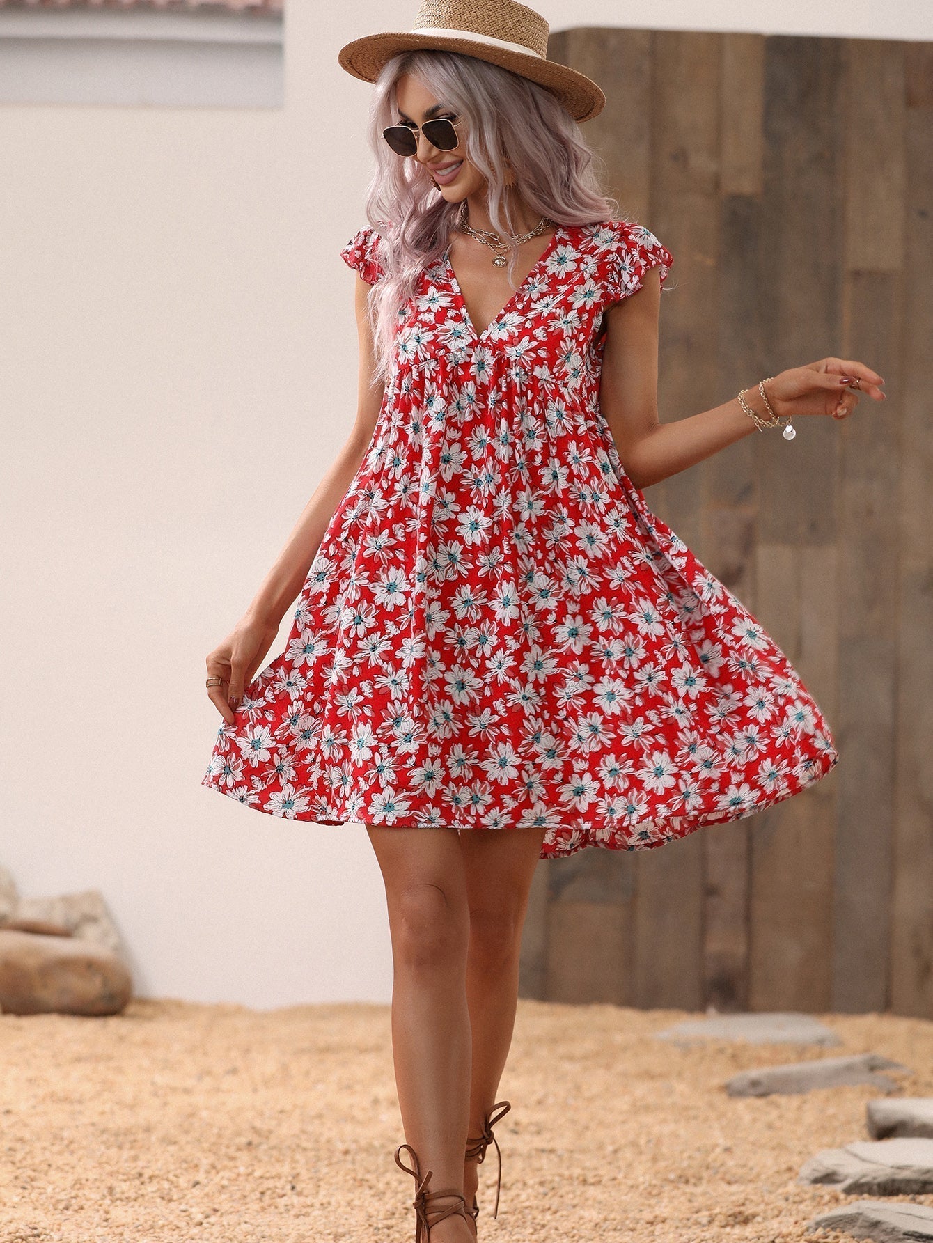 Print Allover V Neck Smocked Flare Dress