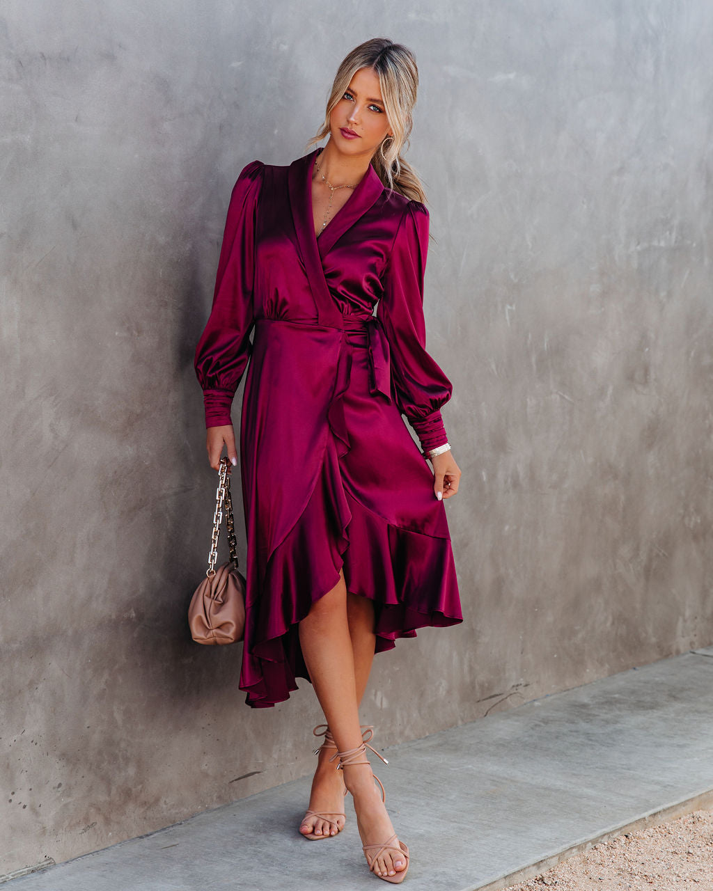 Satin Anniversary Wrap Midi Dress Merlot FINAL
