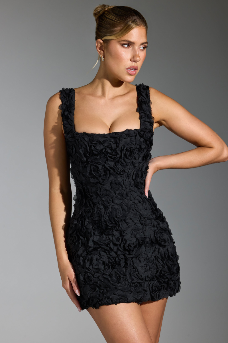 Sol Aesthetic Bloom Lace Up Square Neck Mini Dress in Black Statement Occasion Edit
