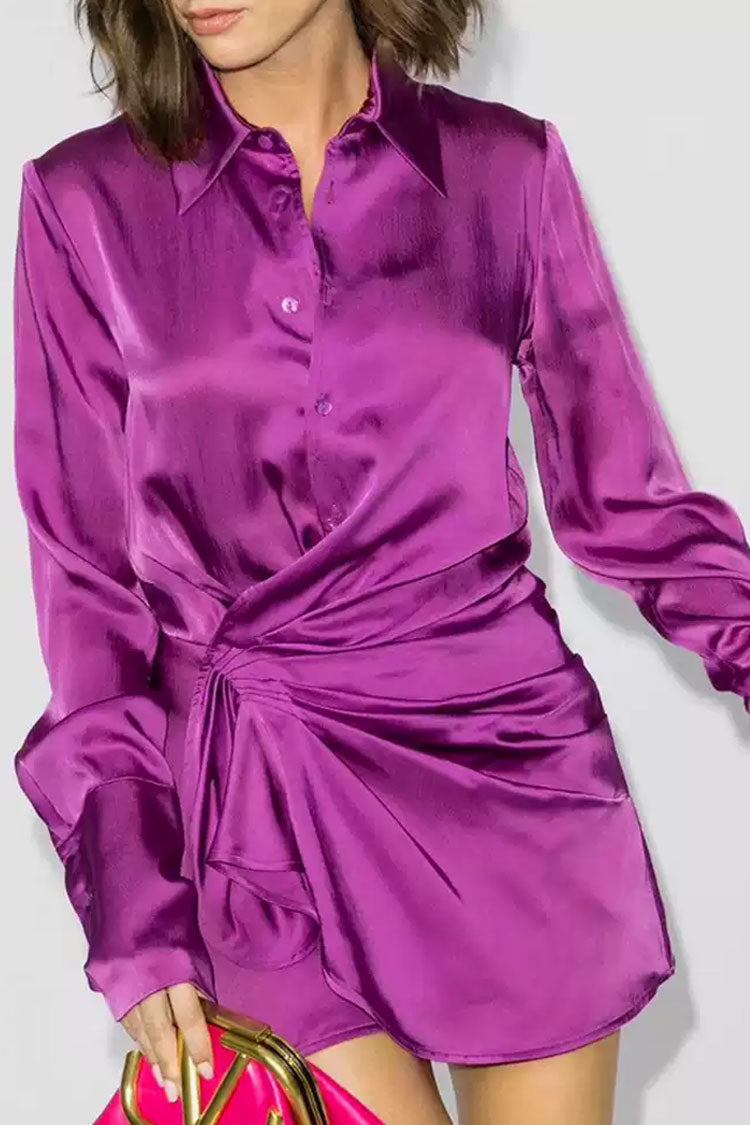 Long Asymmetric Sleeve Ruffle Ruched Satin Shirt Mini Dress - Fuchsia