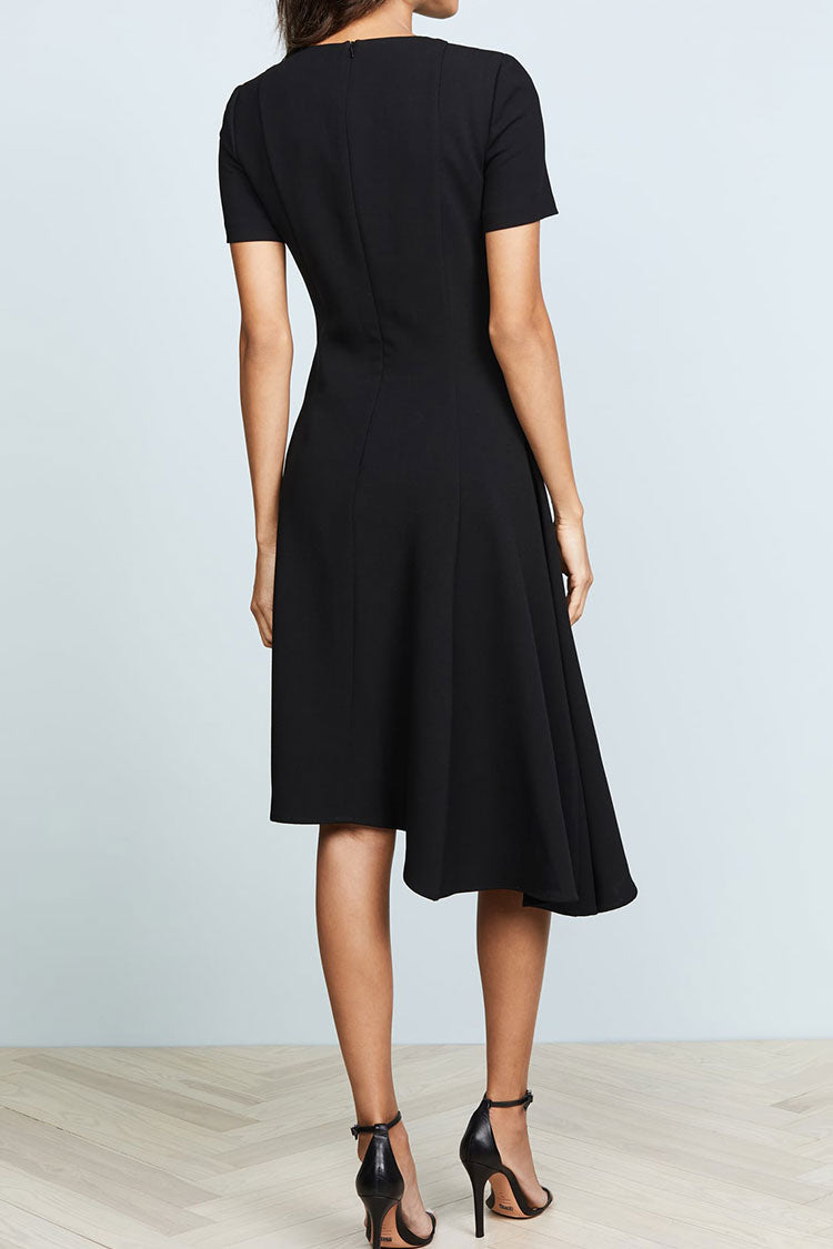 Crew Asymmetrical Neck Short Sleeve Fit & Flare Skater Midi Dress - Black