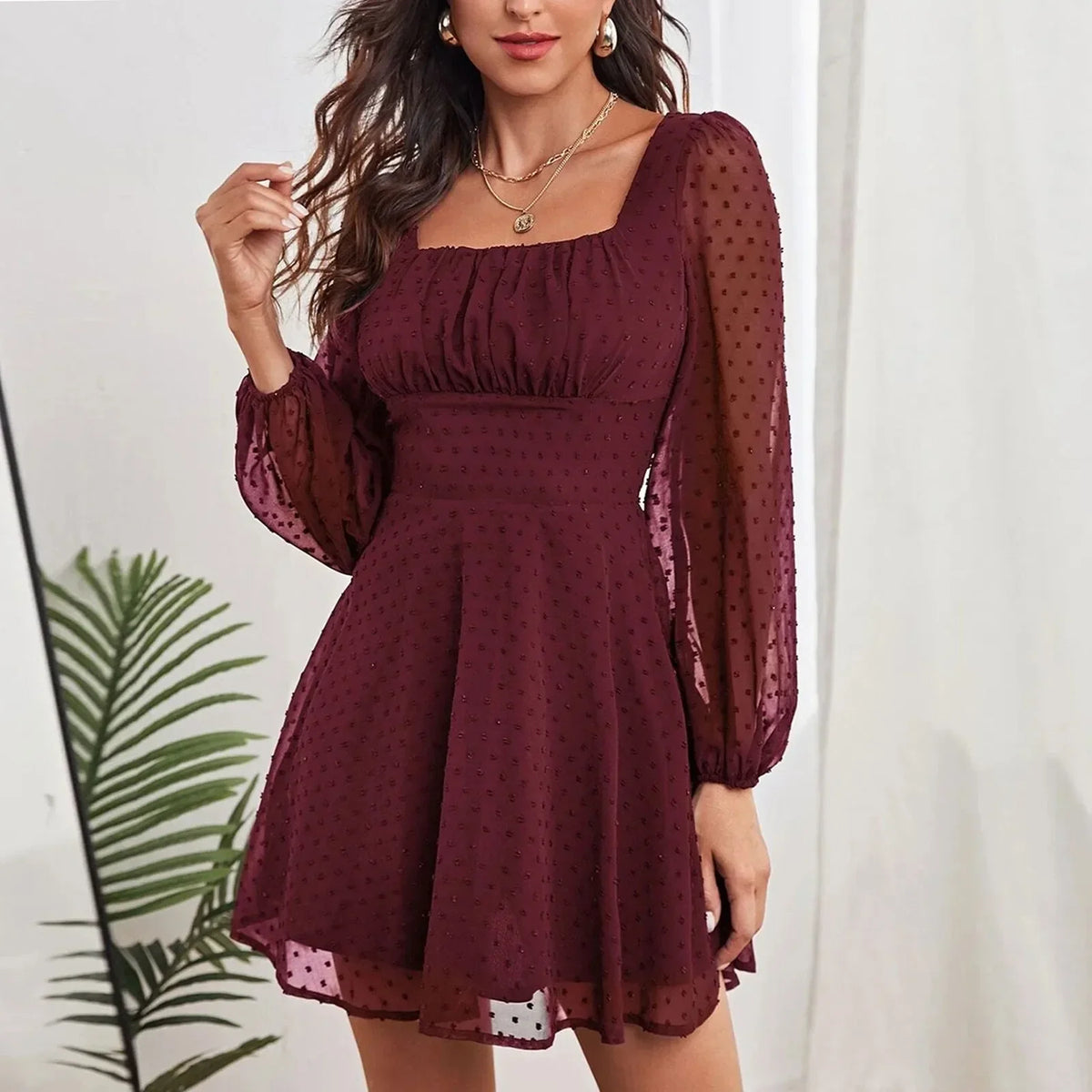 Winter Temperament Graceful Casual Fashion Long Sleeve High Waist Midi Dress