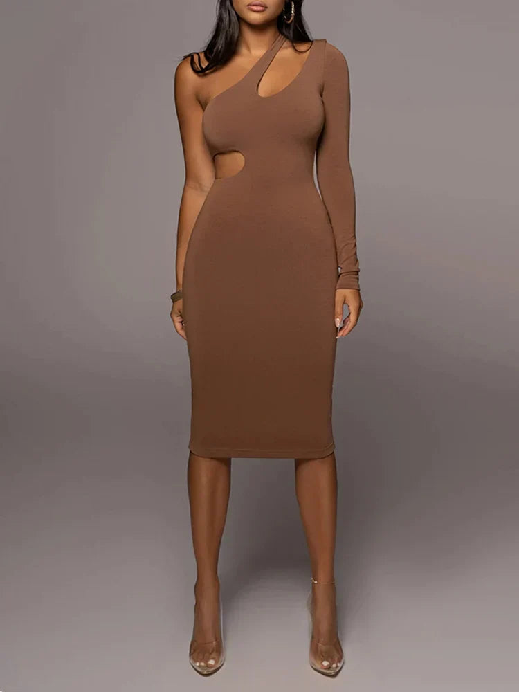 Color Solid One Shoulder Hollow Out Midi Dress Cut Out Dresses