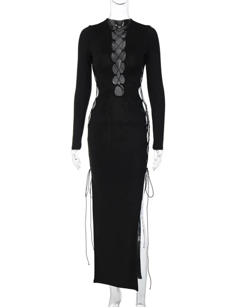 Y2K Autumn Hollow Out ONeck Side Slit Club Streetwear Midi Dresses