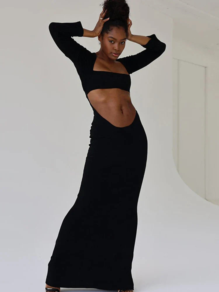 Autumn Solid Color Hollow Out Sophisticated Midnight Night Hot Midi Dresses