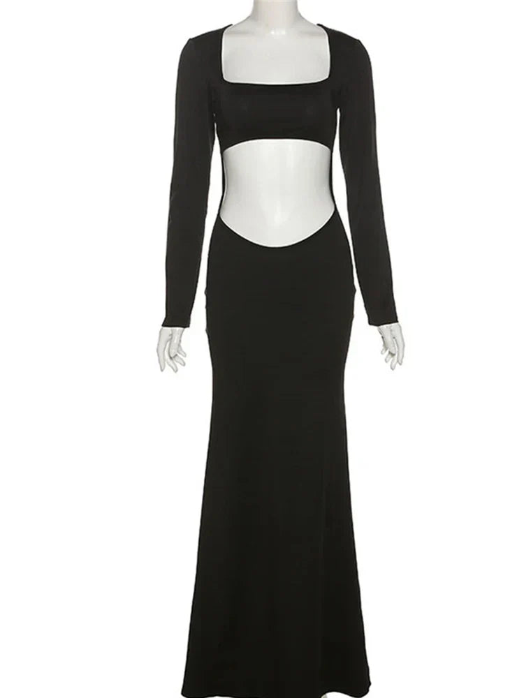 Autumn Solid Color Hollow Out Sophisticated Midnight Night Hot Midi Dresses