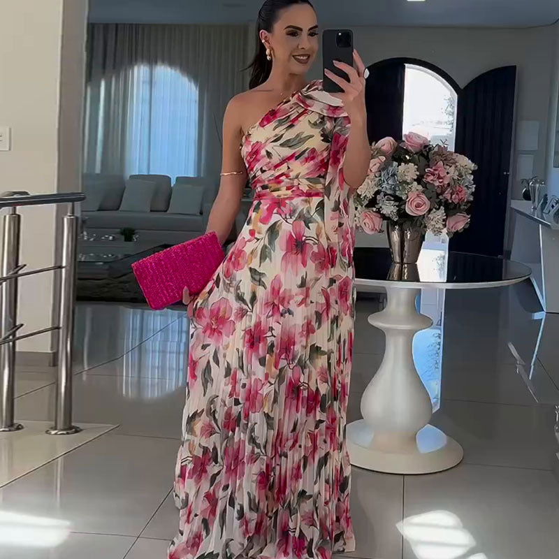 Popular Graceful Floral off Shoulder Folding Elegant Printed Dress