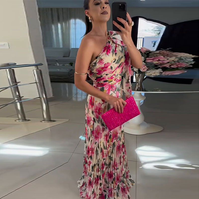 Popular Graceful Floral off Shoulder Folding Elegant Printed Dress