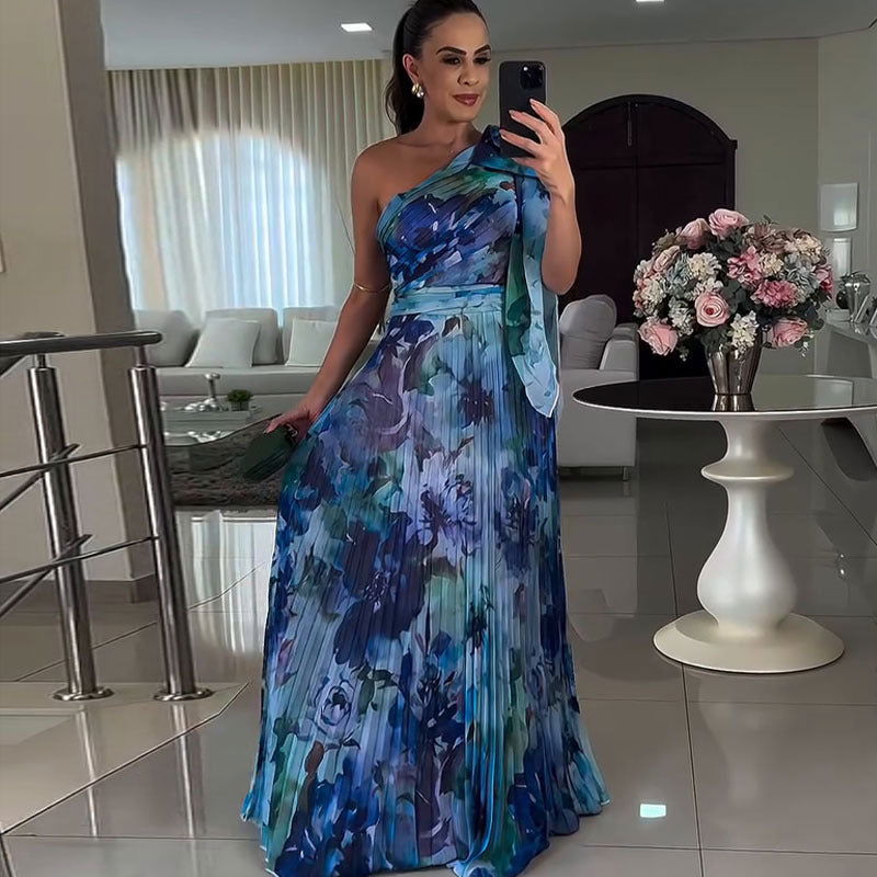 Popular Graceful Floral off Shoulder Folding Elegant Printed Dress