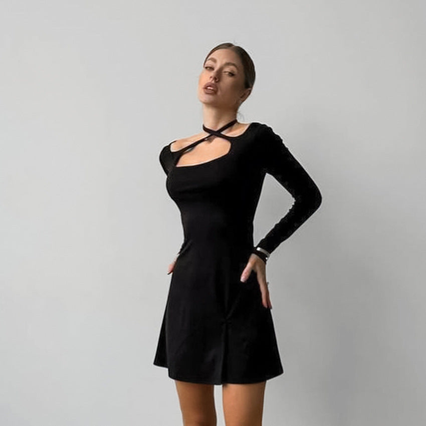 Slim Black Fit Slimming Knitted Square Collar Design Lace up Dress Office Split
