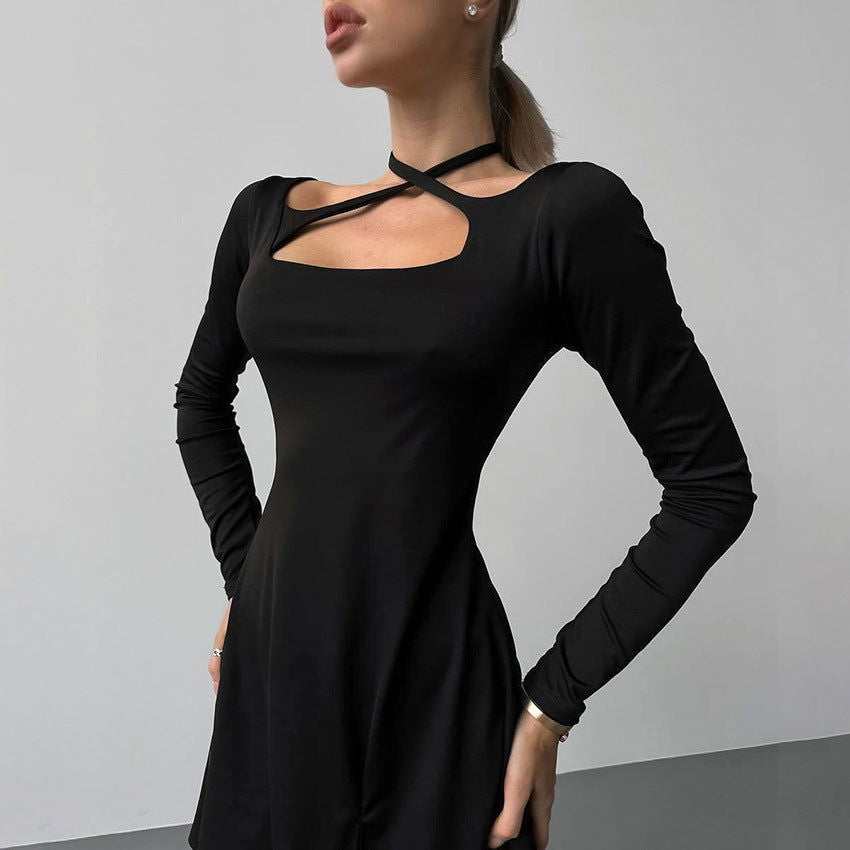 Slim Black Fit Slimming Knitted Square Collar Design Lace up Dress Office Split