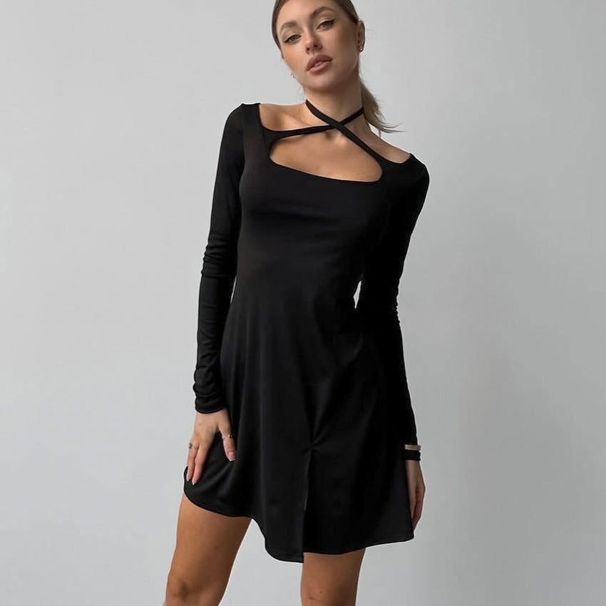 Slim Black Fit Slimming Knitted Square Collar Design Lace up Dress Office Split