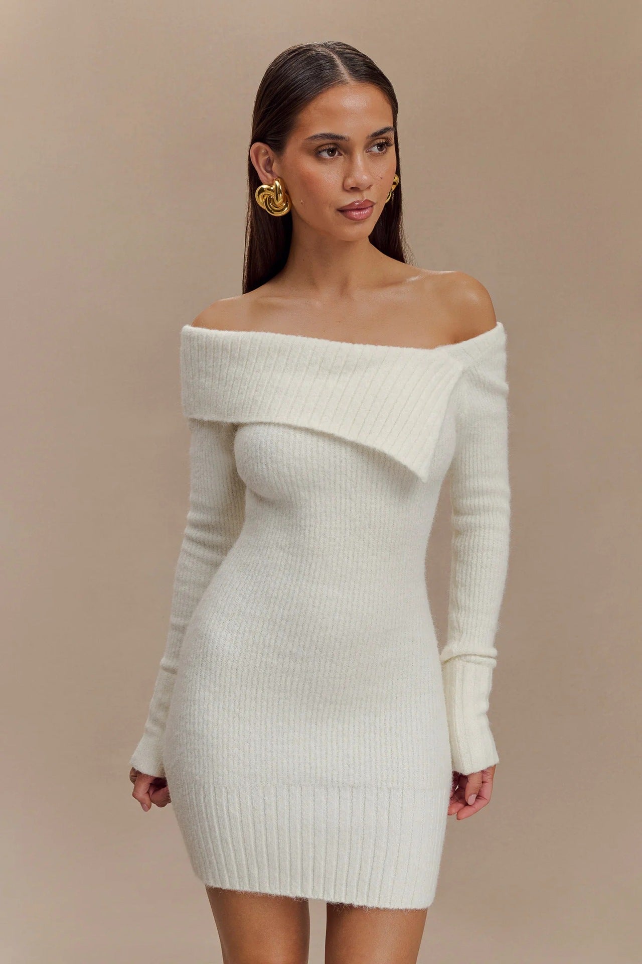 Long Sweater Sleeved off Neck Knitted Tight Graceful Short Dress