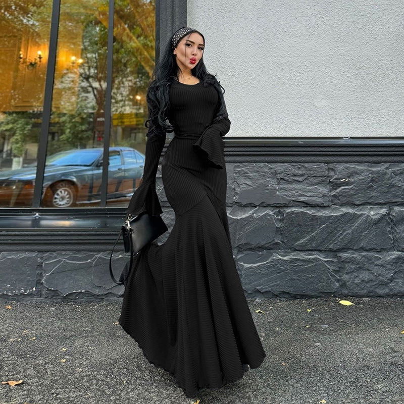 round Neck Waist Trimming Flared Long Sleeve Dress Graceful Fishtail Solid Color Dress
