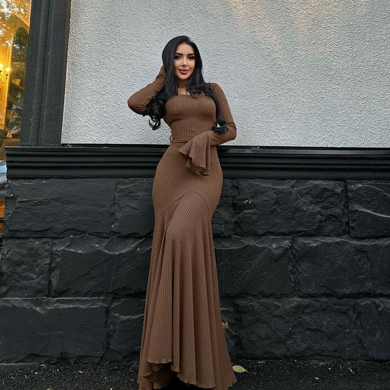 round Neck Waist Trimming Flared Long Sleeve Dress Graceful Fishtail Solid Color Dress