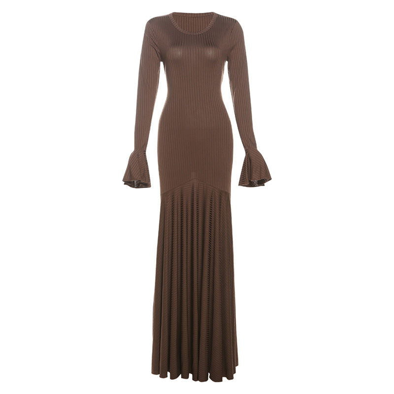 round Neck Waist Trimming Flared Long Sleeve Dress Graceful Fishtail Solid Color Dress
