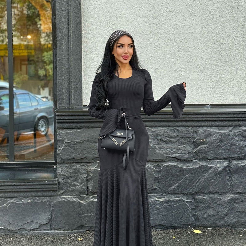 round Neck Waist Trimming Flared Long Sleeve Dress Graceful Fishtail Solid Color Dress
