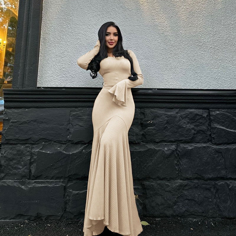 round Neck Waist Trimming Flared Long Sleeve Dress Graceful Fishtail Solid Color Dress