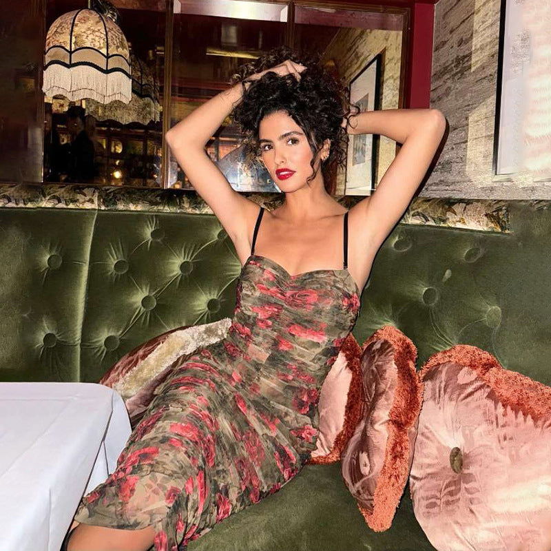 Backless Retro Pleated Suspender Printing Dress