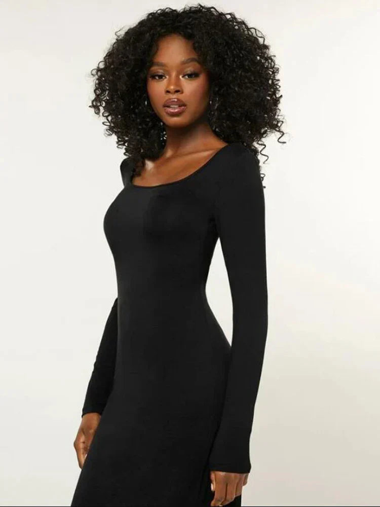 Solid Basics Long Sleeve Bodycon Maxi women Midi Dresses