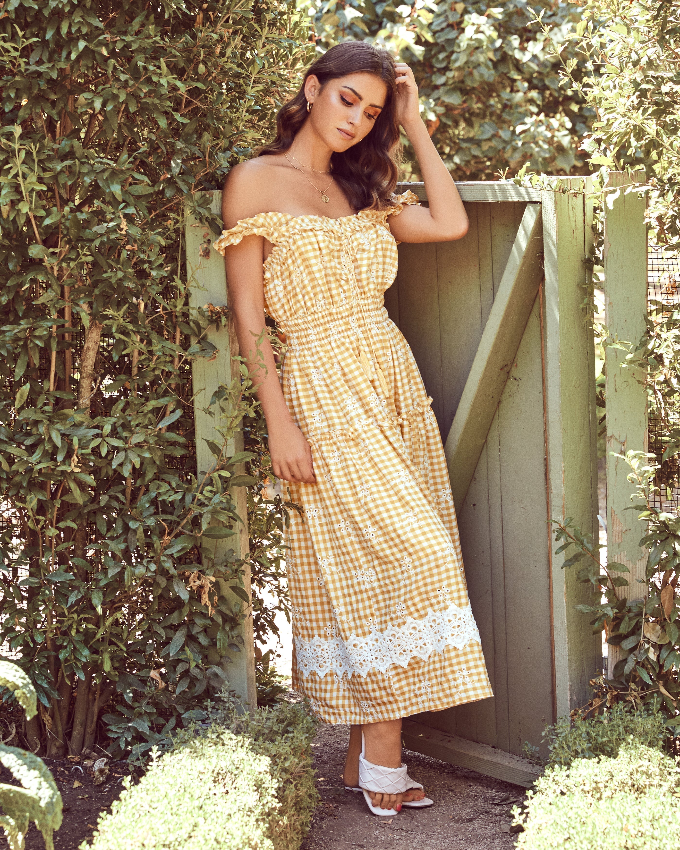 Eyelet Bibi Lace Gingham Midi Dress Mustard FINAL