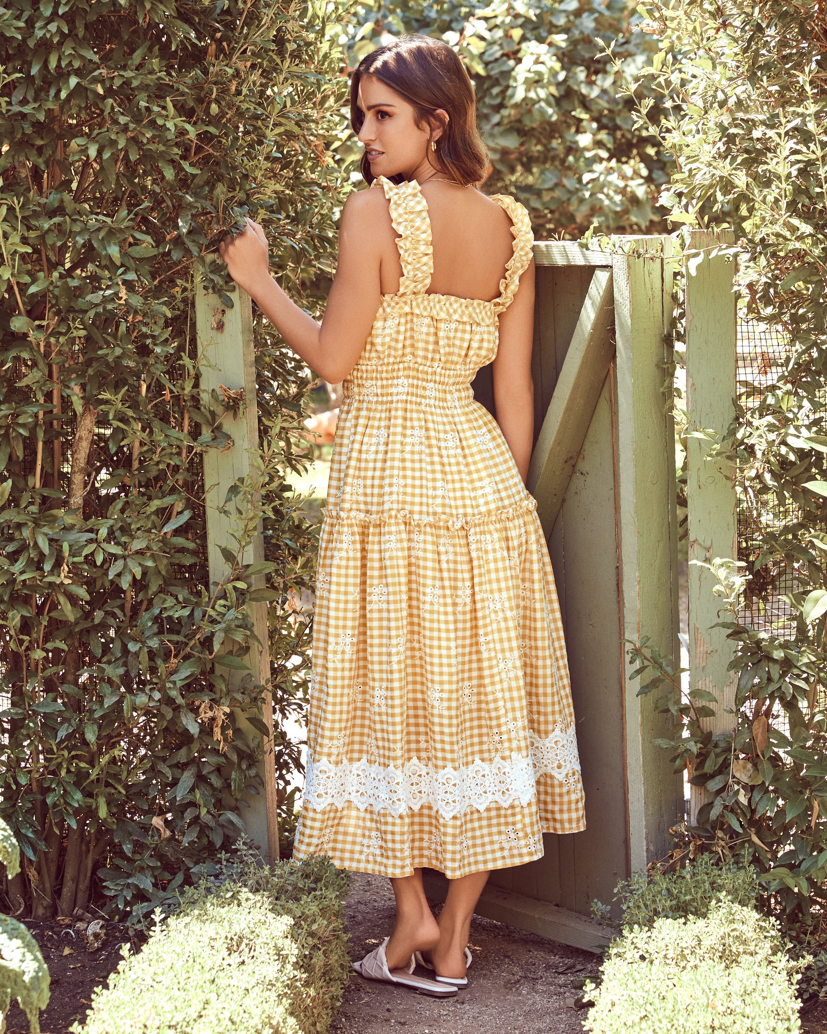 Eyelet Bibi Lace Gingham Midi Dress Mustard FINAL