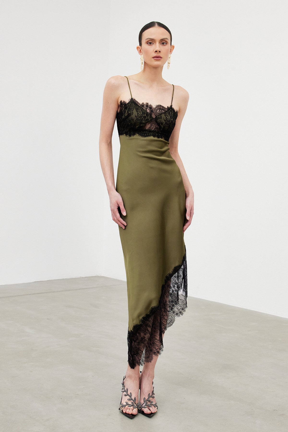 Spaghetti Bess Lace Asymmetric Midi Dress