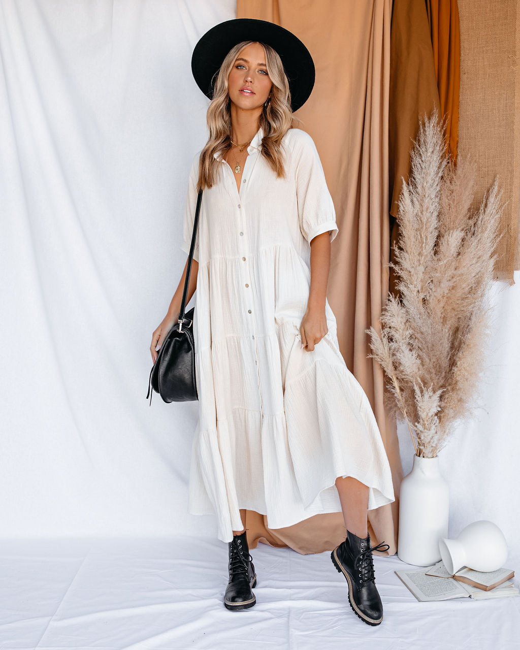 Cotton Binx Pocketed Button Down Midi Dress Ivory