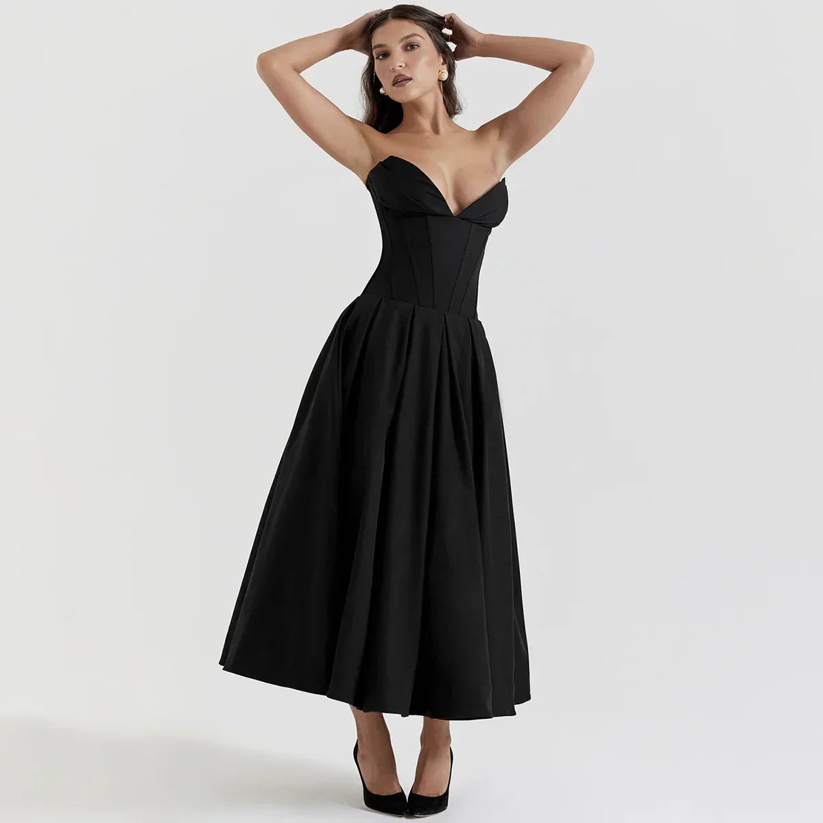 Plunge Black Corset Midi Dress