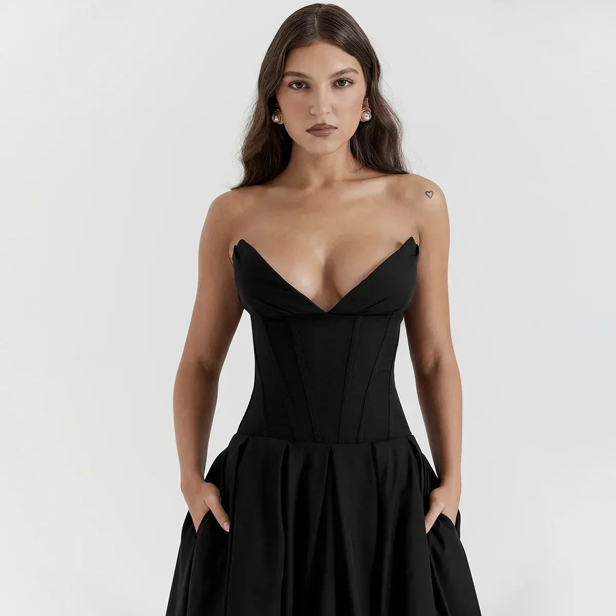 Plunge Black Corset Midi Dress