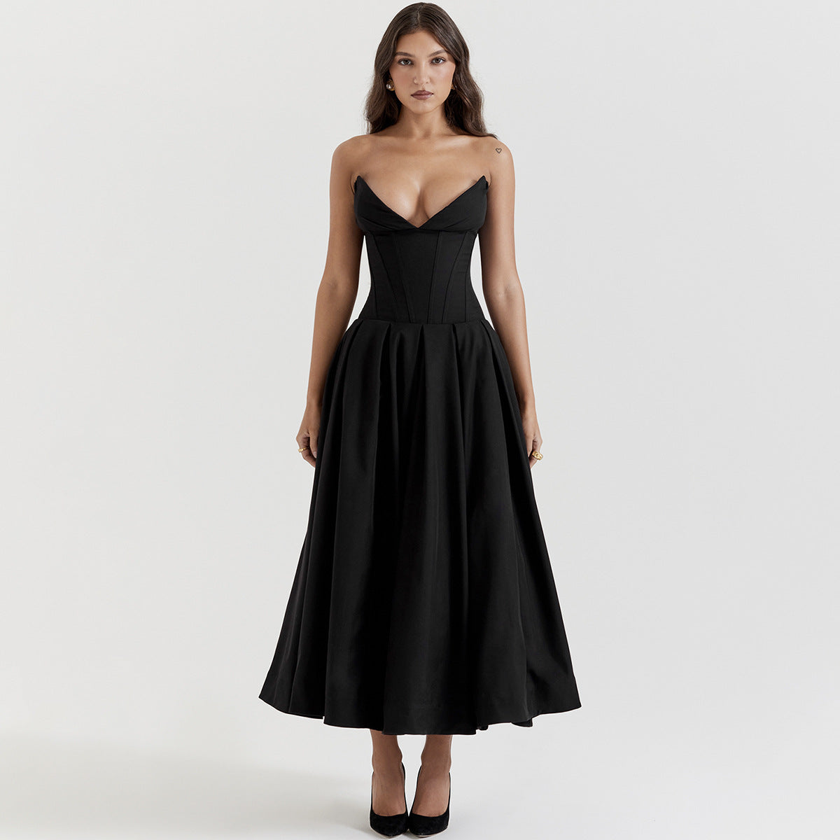 Plunge Black Corset Midi Dress