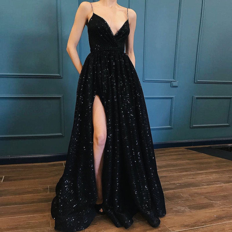 Kissnovaa - Black V-neck Prom Party Evening Dresses
