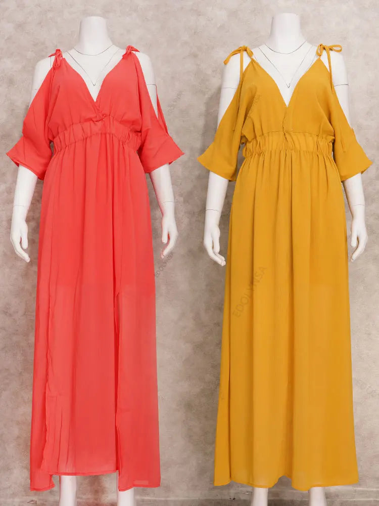 2024 OffShoulder Slit Maxi Boho Beach Dress