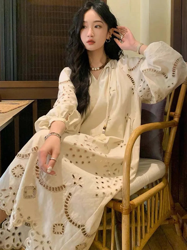 2024 Korean Style Retro Long Sleeve VNeck Boho Hollow Out Maxi Dress