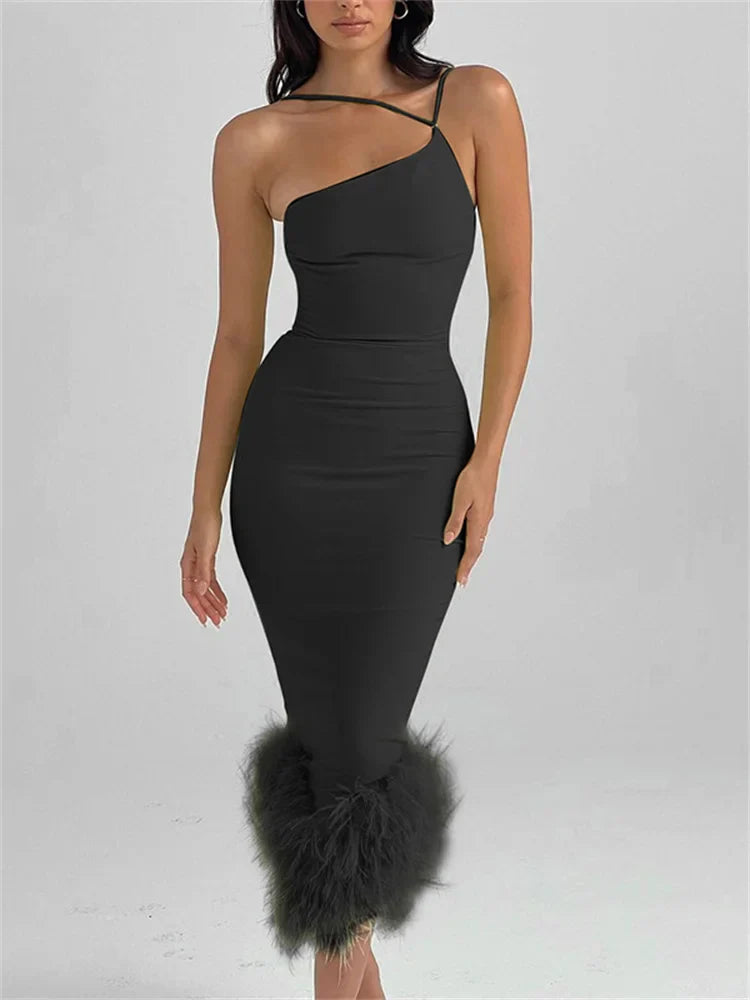 Graceful Feather Hem Sleeveless Party Club Asymmetrical Strap Midi Dress