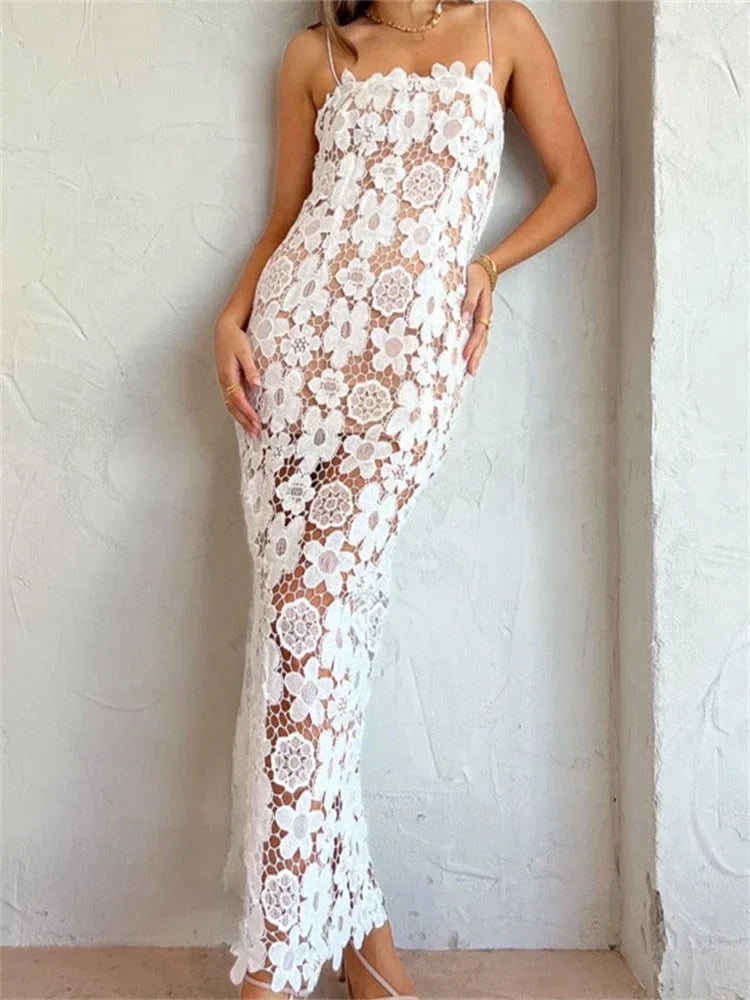 2024 Graceful Lace Flower Hollow Out Sleeveless Maxi Dress