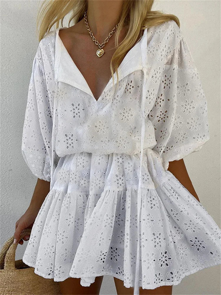 Refined Lace Floral Vneck Mini Dresses