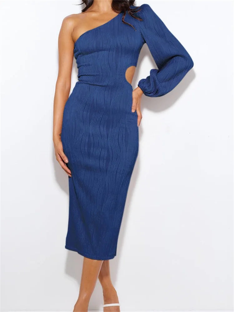 Shoulder Off Long Sleeve Ruched Solid Color Hollow Out Backless Midi Dress
