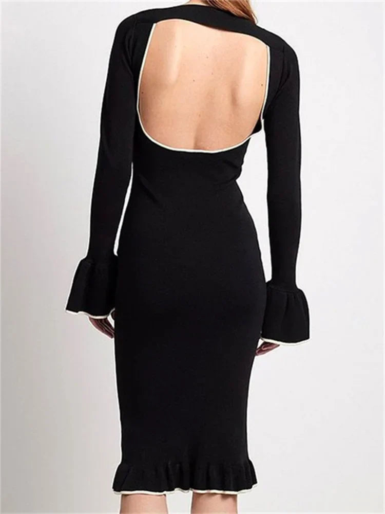 Sophisticated Patchwork Square Neck Long Flare Sleeve Ruffles Backless Midi Dress