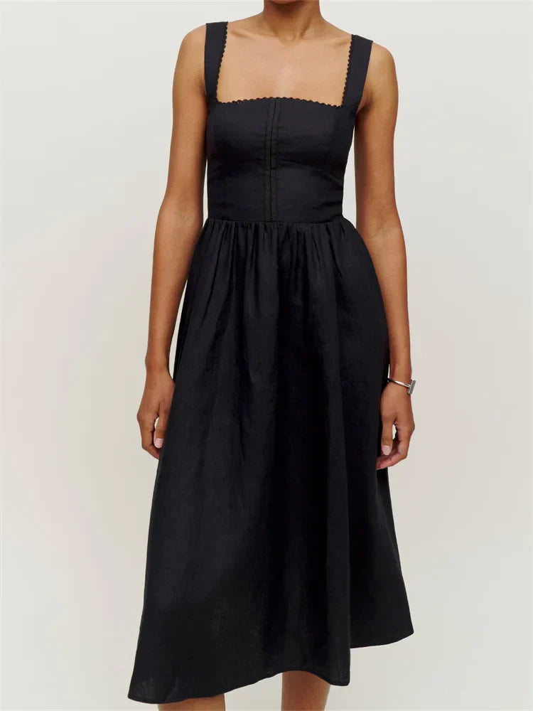 Refined Square Neck ButtonUp Sling High Waist ALine Summer Midi Dress