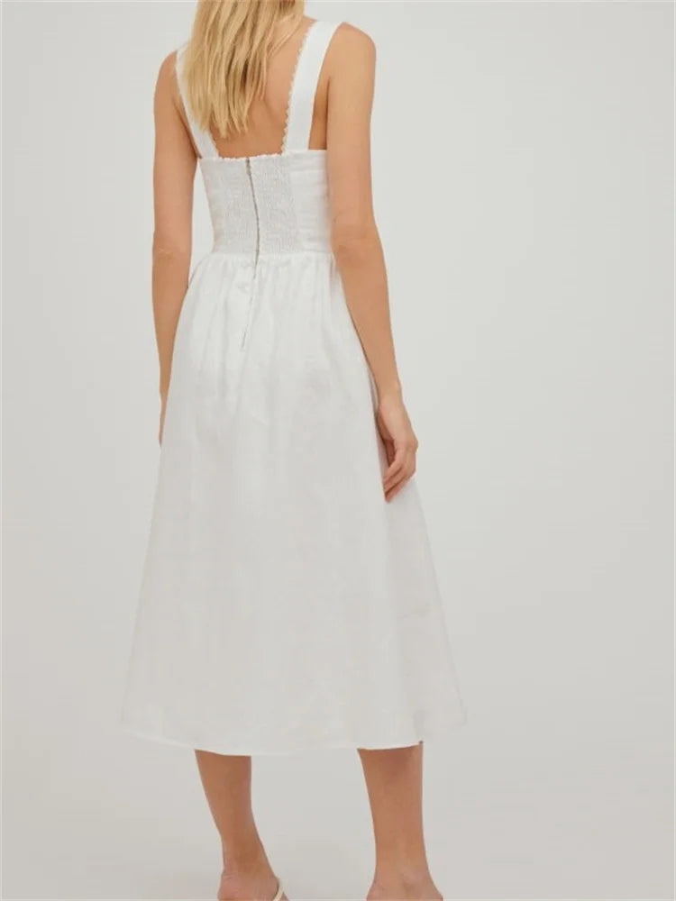 Refined Square Neck ButtonUp Sling High Waist ALine Summer Midi Dress